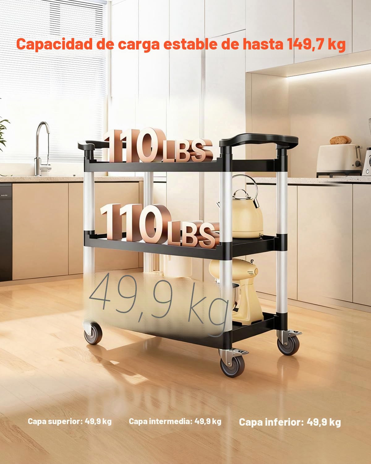 VEVOR Carrito Multiusos, Carga de 150 kg, Carrito Multiusos de Plástico 1060 x 490 x 980 mm de 3 Niveles con Ruedas Giratorias de 360° (2 con Frenos), para Almacén, Restaurante, Cocina, Negro