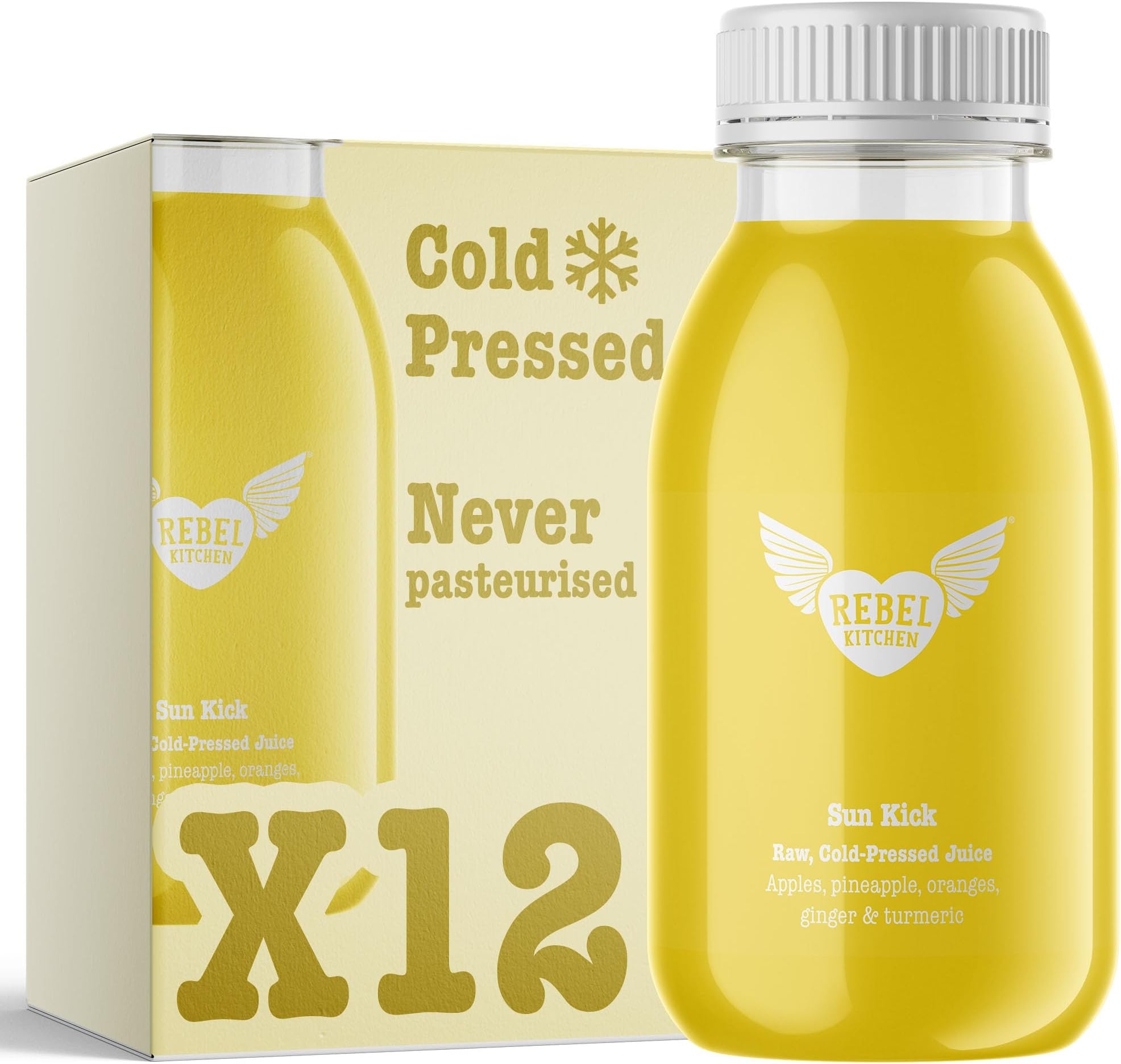 REBEL KITCHEN | Sun Kick Raw, Cold-Pressed Juice | Fresh Apples, Pineapple, Oranges, Ginger, Turmeric | Antioxidant-Rich, No Added Sugar, 100% Natural Ingredients, Vegan | Made in UK | 12 x 250ML