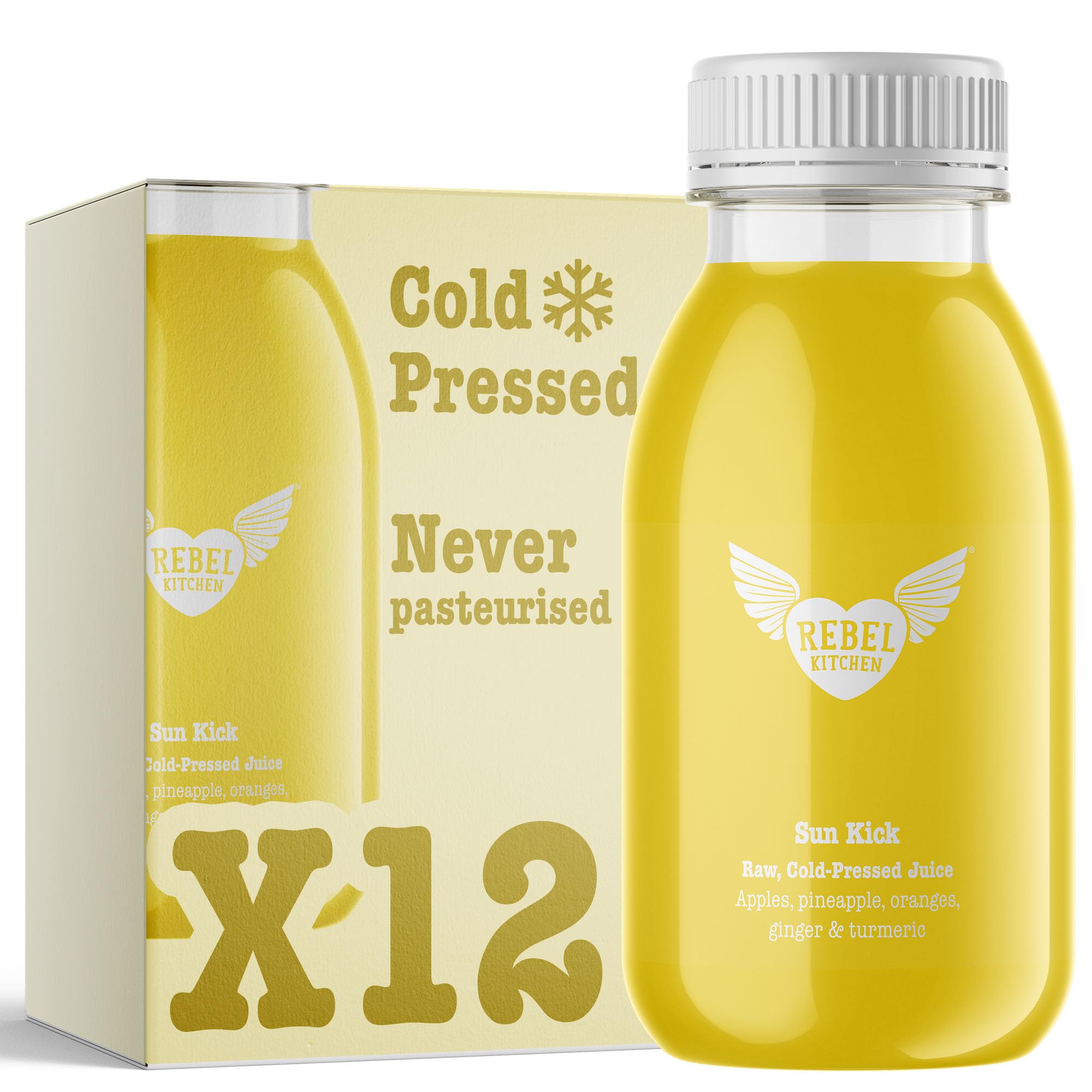 REBEL KITCHEN | Sun Kick Raw, Cold-Pressed Juice | Fresh Apples, Pineapple, Oranges, Ginger, Turmeric | Antioxidant-Rich, No Added Sugar, 100% Natural Ingredients, Vegan | Made in UK | 12 x 250ML