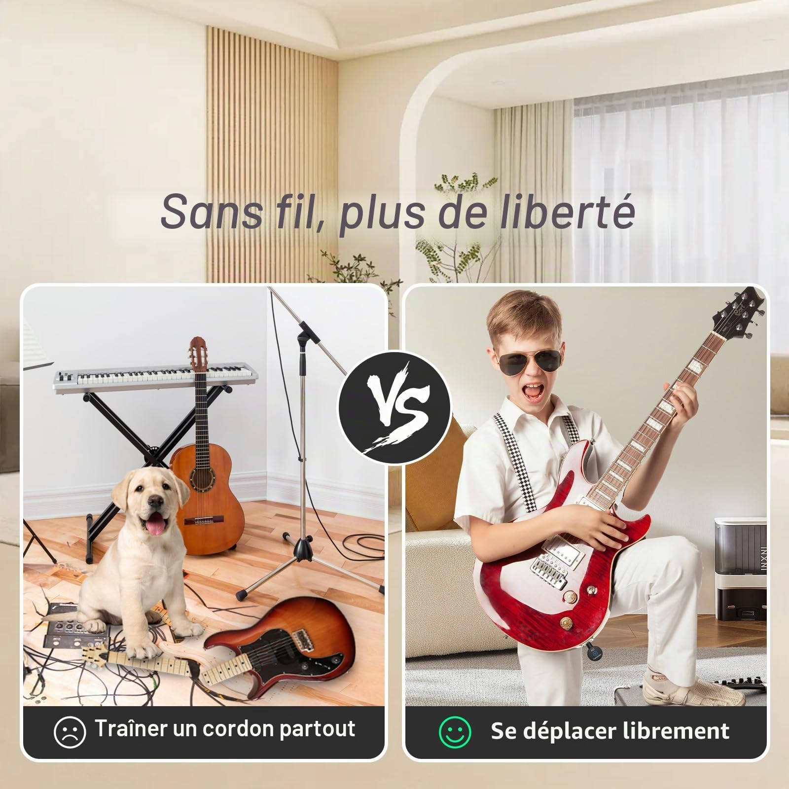 A13-2 Système de guitare sans fil 2,4 GHz 2 modes, taille du pouce, batterie Li-ion rechargeable, portée de 100 m, 10 heures, Plug & Play pour guitare, basse, violon (1TX + 1RX)