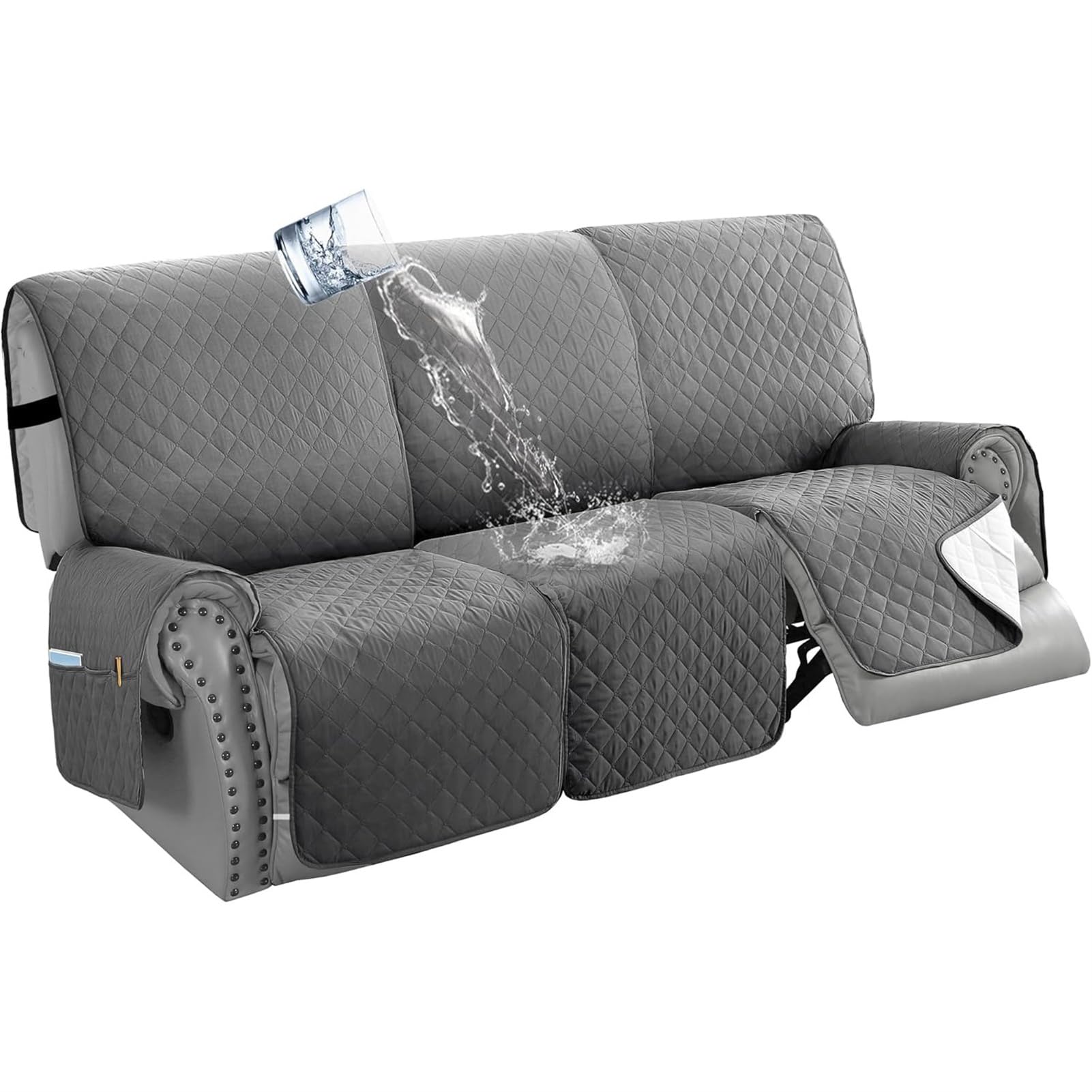 Funda para Sofá Reclinable Impermeable 1/2/3 Plazas, Cubresofás Antideslizantes con Bolsillo, Protector Lavable para Muebles Reclinables Ideal para Perros, Niños (Gris,3 Plazas)