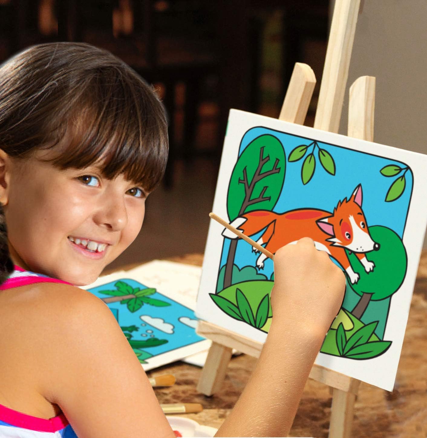 ETI Toys, 26 Piece Kids Art Painting Set with Wood Easel, 6 Wild Animals Themed Canvases, 12 Color Acrylic Paints, 5 Paint Brushes, Palette. Arts Studio for Artist Children Ages 6+ Years Old. : Toys & Games