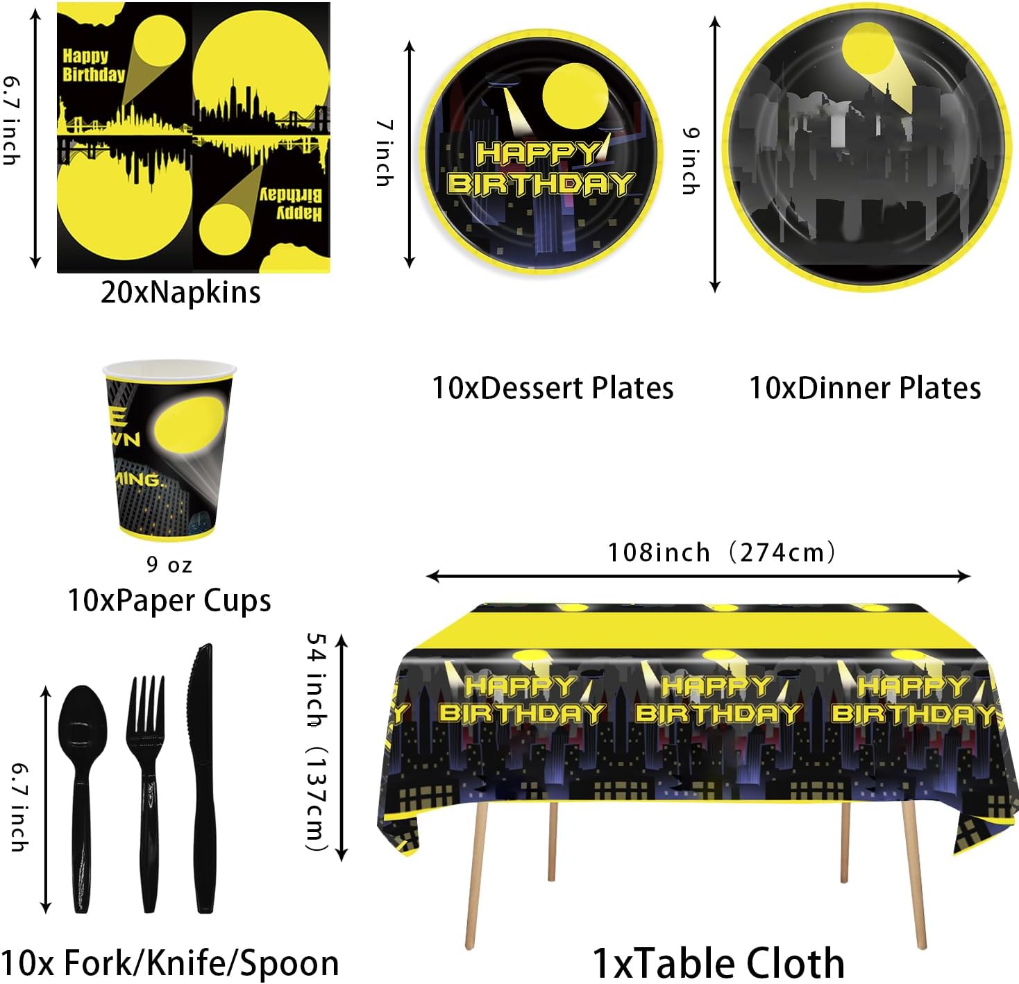 81pcs Bat Superhero Cityscape Theme Party Supplies 10-Person Party Disposable Tableware Kids' Birthday Table Decor Super Hero Cityscape Theme Paper Plates Cups Napkins and Other Decorations