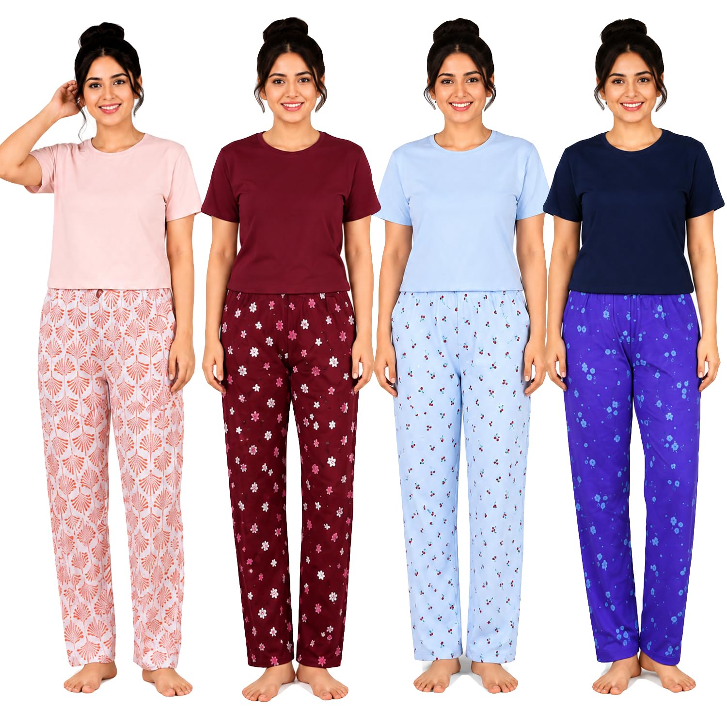 peerless wear Women's Pyjama Pant, Pure Cotton, Printed, Elastic Waist with Rope, Assorted Colours, Pack of 4-picture-4