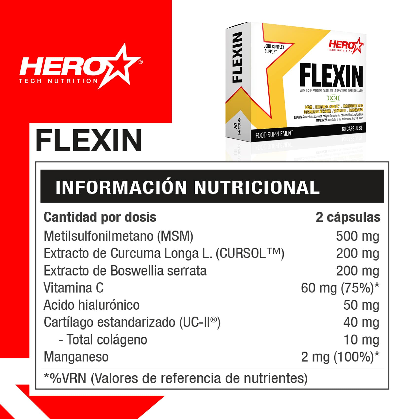 HERO TECH | FLEXIN 60 caps. | Apoyo a la Salud de Articulaciones | Con Colágeno, Cartílago y MSM | 7 ingredientes activos para mejorar la salud articular y regenerar el tejido conectivo | Sin OGM