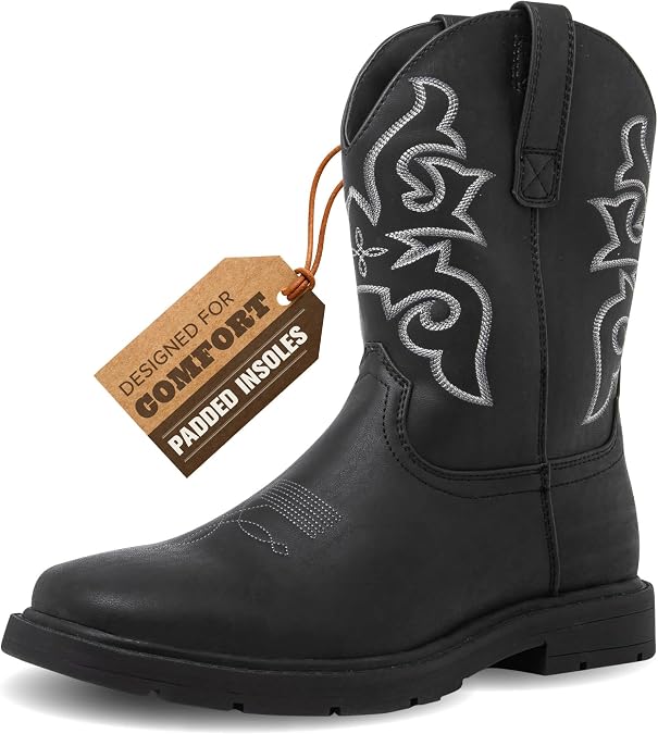 Men's Cowboy Boots - Square Toe Western Boots with Embroidery, Pull-On Fit, Durable Rubber Sole Mens Shoes