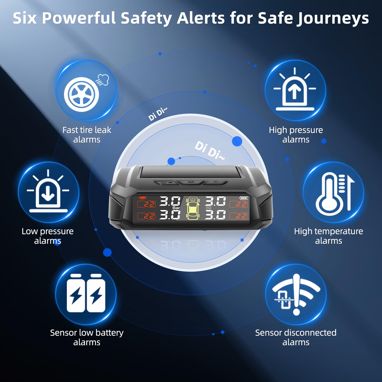 KAOLALI Sistema di controllo della pressione degli pneumatici, TPMS senza fili, 4 ruote, 3,5 bar/50 PSI Max, ricarica solare e magnetica, per camion, roulotte, autobus