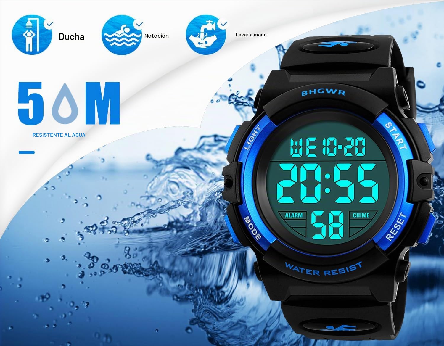 Relojes para niños, Relojes Deportivos para niños, 5 Relojes a Prueba de Agua con Alarma/Temporizador/luz, Reloj Azul para niño