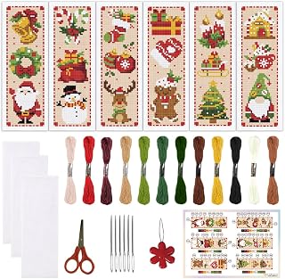 ORIGACH 6 Set Christmas Santa Elk Snowflake Cross Stitch Bookmark Kit | with Backing Felt Floss Instructions DIY Stamped Embroidery Bookmark Kit for Adults, Book Lovers