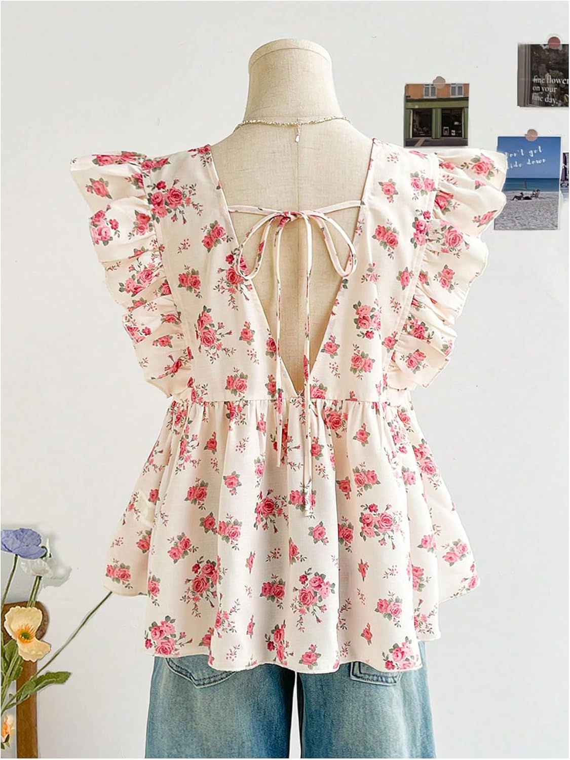 OYOANGLE Women's Floral Ruffle Cap Sleeve Peplum Blouse Tie Up Deep V Neck Babydoll Tops - Image 3