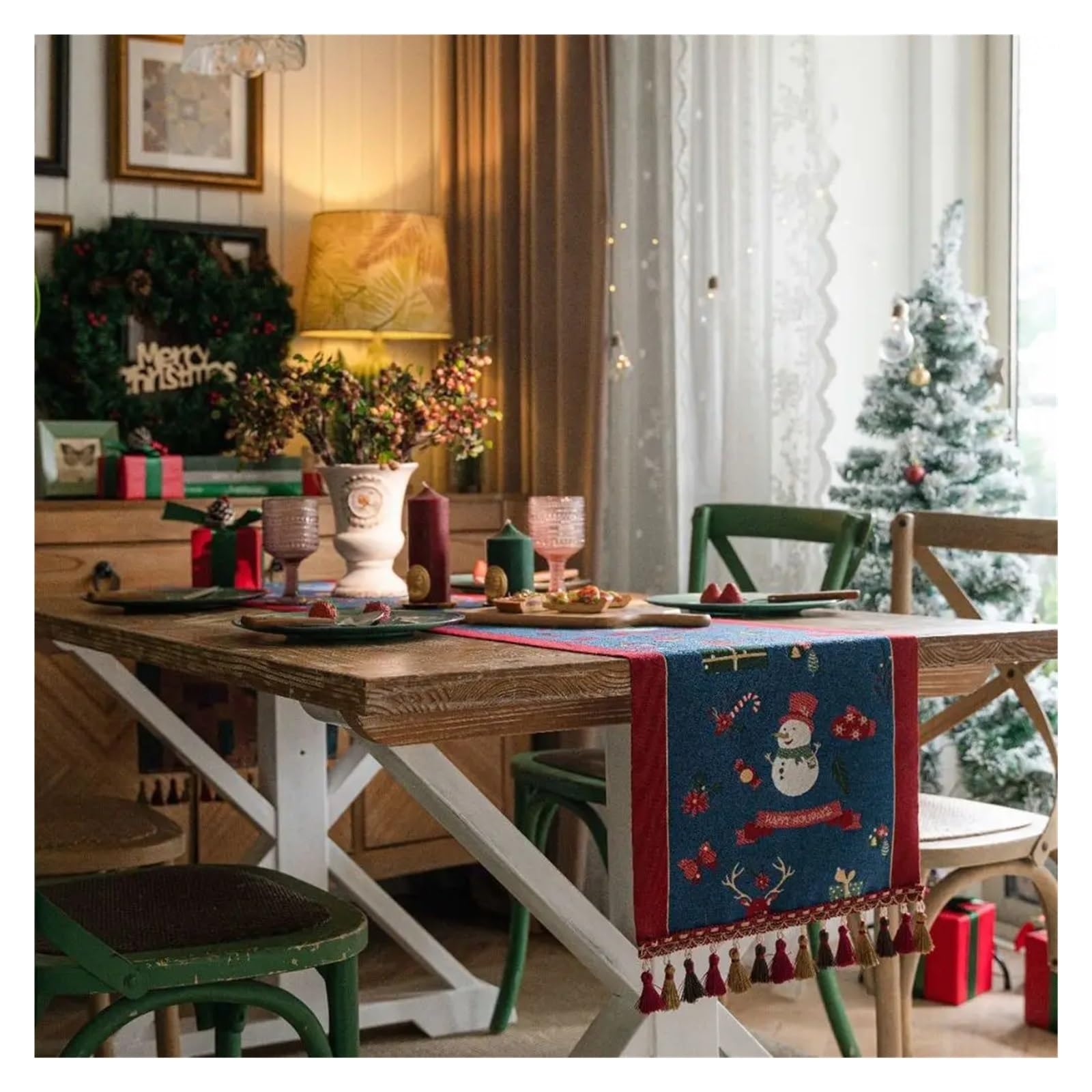 Mantel de Navidad Mantel navideño con Estampado de muñecos Nieve, Camino Mesa Alces navideños borlas, decoración navideña for Fiestas en casa(Style E,35x350cm)