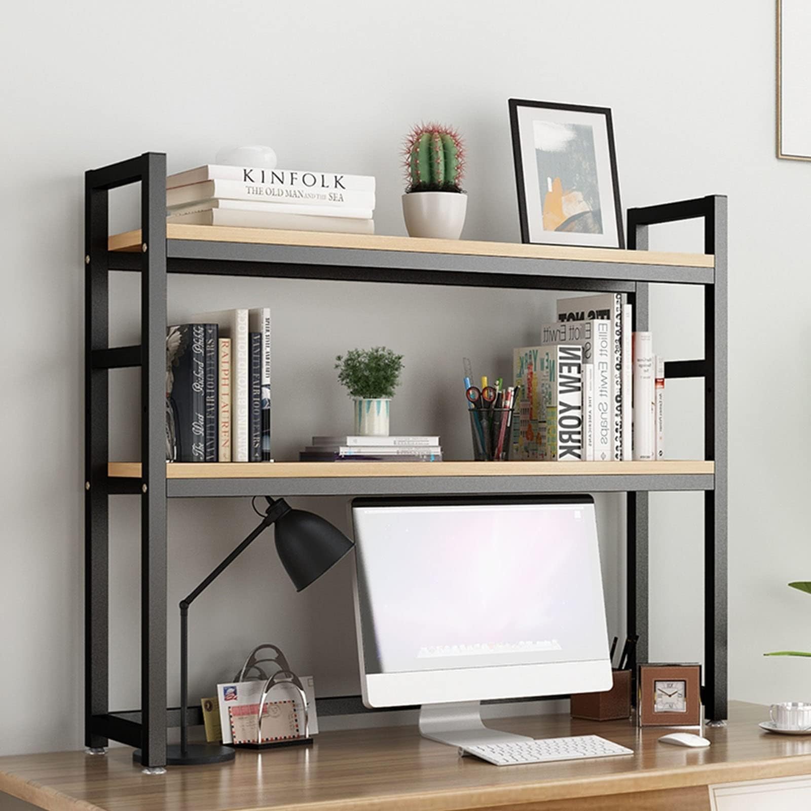 Verstellbares Schreibtisch-Bücherregal mit 2 Ebenen, stilvoller Arbeitsplatten-Organizer für niedlichen Schreibtisch, offenes Aufbewahrungsregal für Bücher, Dekoration und Bürobedarf, platzsparendes