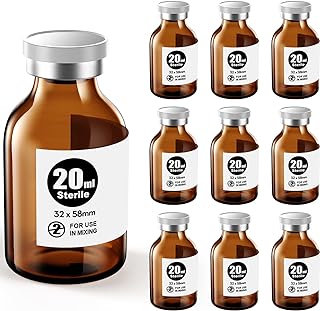 Ks-Tek Sterile Empty Vials with Self Healing Injection Port,with Flip Off Aluminum Cap,Sterile Package (20ml Amber,10)