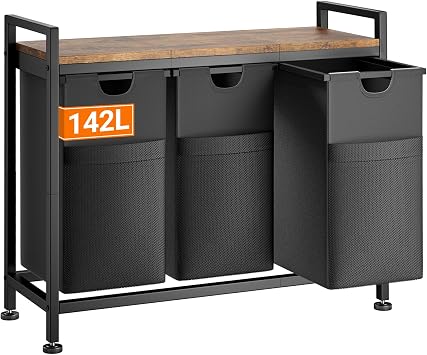 Lulive Laundry Hamper, Laundry Basket Organizer with 3 Pull-Out Removable Bags & Large Top Shelf, 3 12.5 Gal 142L Freestanding Laundry Sorter 3 Sections for Laundry Room, Bathroom and Dorm