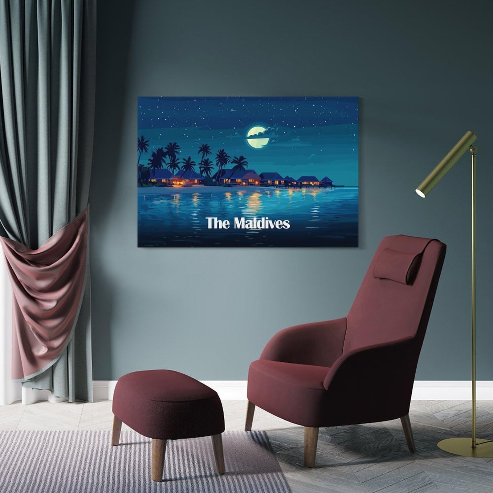 Junmoney Frame-Style-7-1 Nighttime Maldives Beach Resort Illustration Home Decor Wall Art, 20X30inch(50X75cm), For Apartment Walls, Studios Or Work Areas, Stylish Wall Art For Fresh Spaces