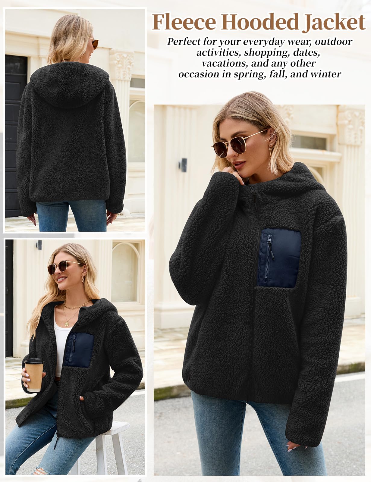 Fleecejacke Damen Winter Teddyjacke mit Kapuze Teddyfleece Kapuzenpullover Warme Herbstjacke Winterjacke Sherpa Damen-Jacken Zipper Hoodie Mantel Outdoor Plüschjacke mit Taschen