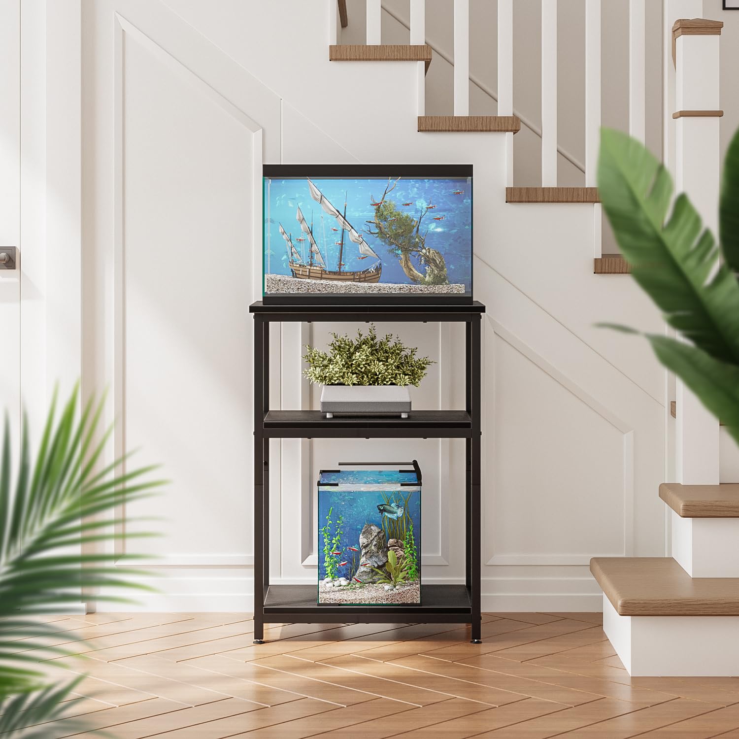 APPLOYN Support d'aquarium avec étagère de rangement à 3 niveaux, cadre en métal robuste pour tortue, reptile, terrarium, salon, 52,1 x 29 x 75,1 cm (L x l x H), noir