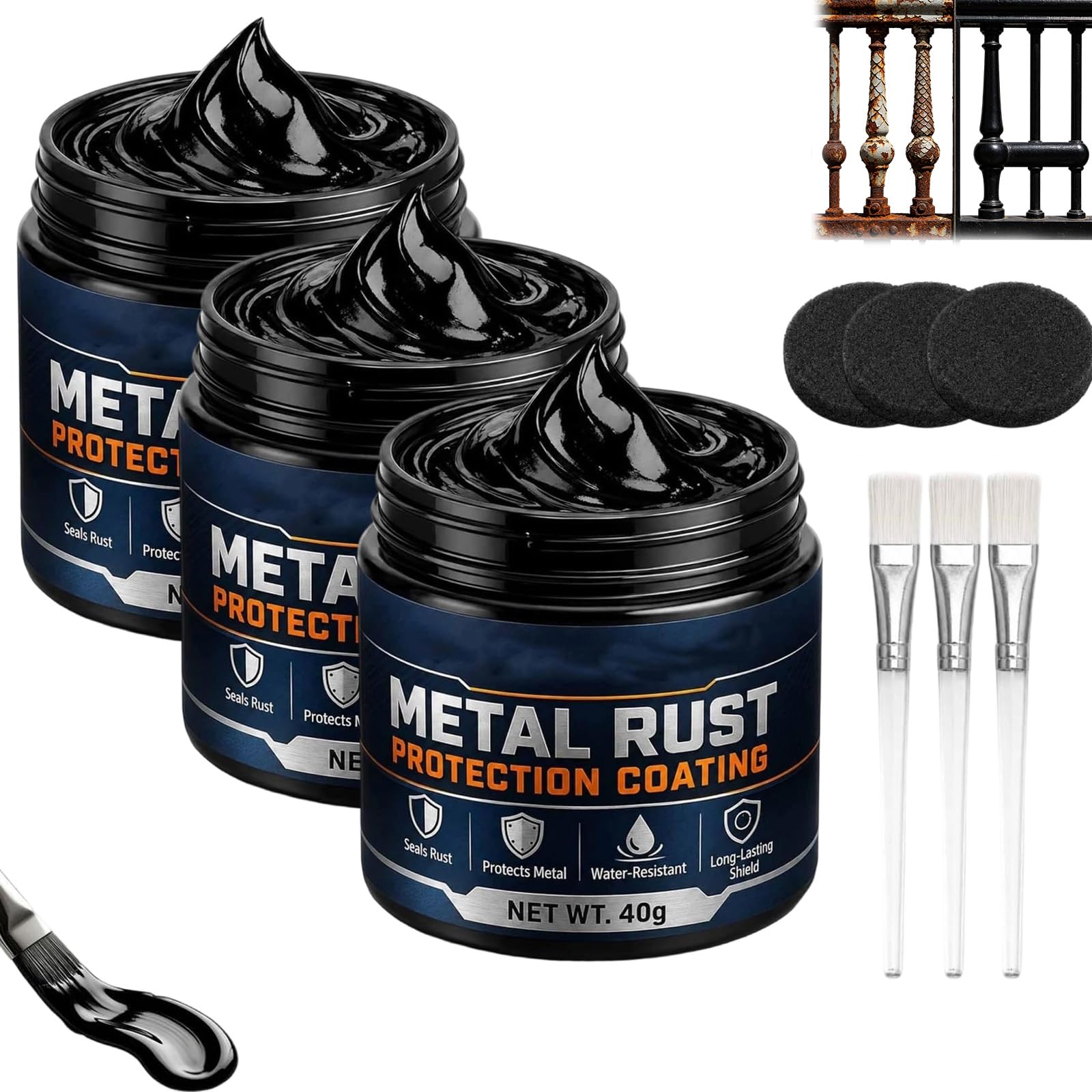 Metal Rust Protection Black Repair Paste, Rust Paste for Metal, Rust Remover & Preventive for Metal Surfaces, Weatherproof, Long-Lasting for Household Metal Surfaces, Fences, Tools & Railings (3PC)