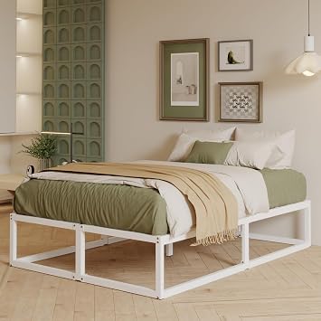 EMODA Super King Bed Frame 36cm High with Steel Slats Support, White | 180 x 200cm Heavy Duty Metal Super King Size Bed Frame Solid Platform, Noise Free, Easy Assembly