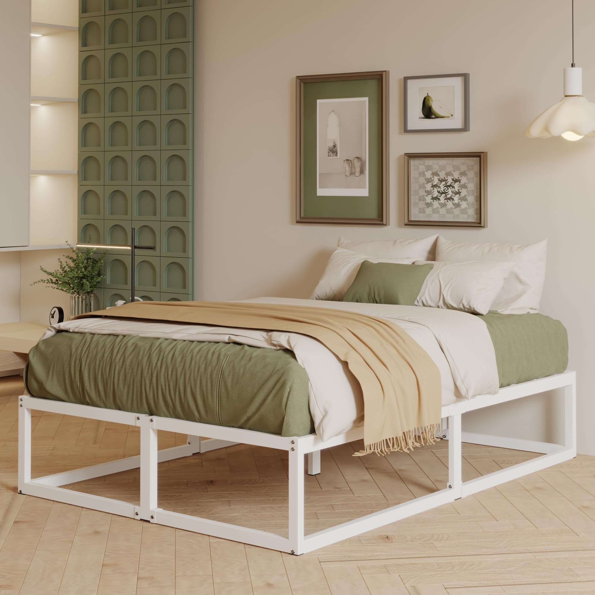 EMODA Struttura Letto 120 x 200 alta 36 cm con supporto a doghe in acciaio, Letto in Metallo Resistente Piattaforma Solida Ampio Spazio di Archiviazione, Silenziosa, Facile Montaggio, Bianco