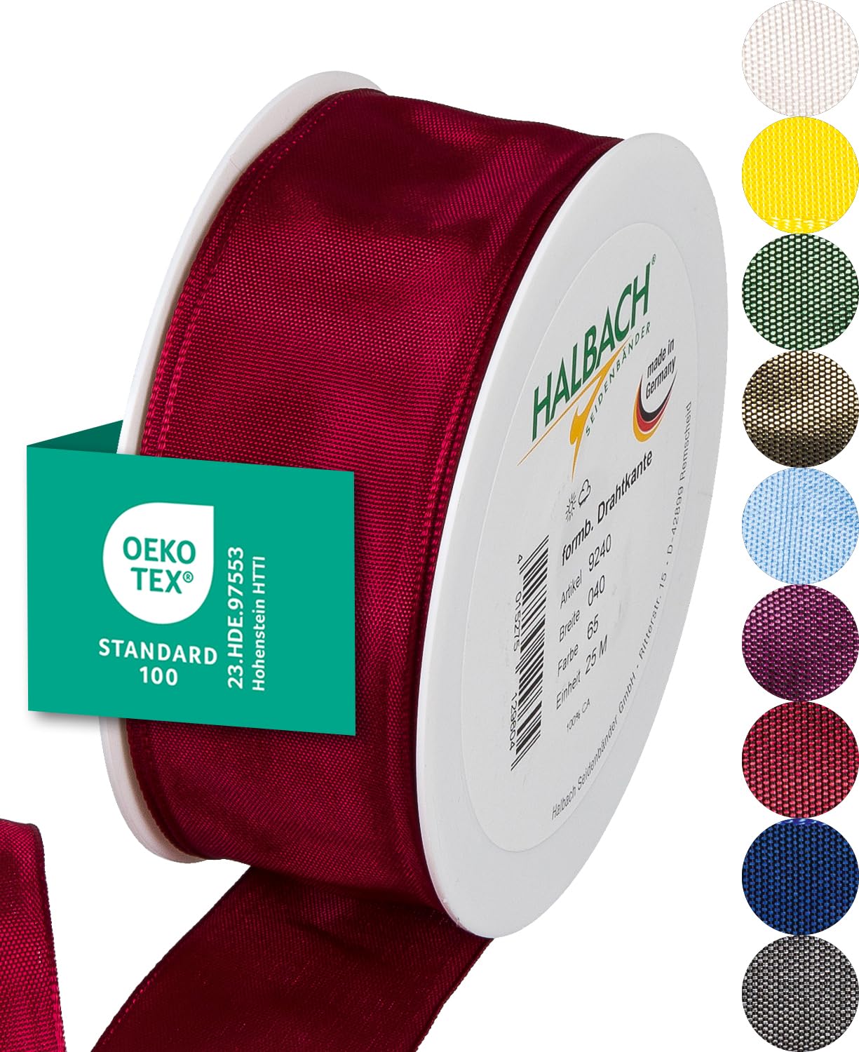 Halbach SeidenbänderPremium Gift Ribbon with Wired Edge, Width 40 mm, Length 25 m, Oeko-Tex 100 Certified Ribbon, Taffeta Ribbon, Made in Germany, Colour: Wine Red