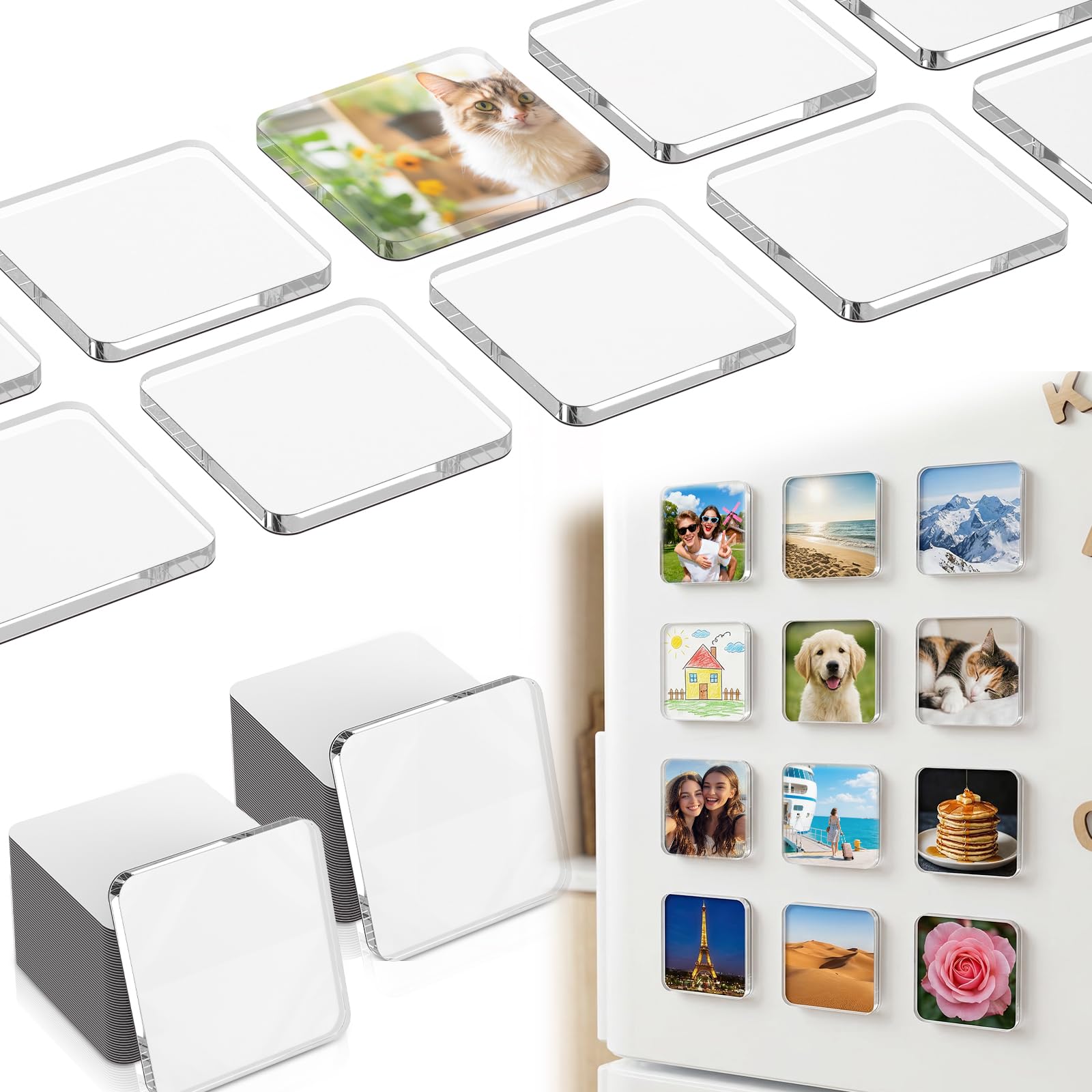 GWCYMYD 40PCS DIY Fridge Magnet Set, 5x5cm Clear Acrylic Blank Photo Frames with Self-Adhesive Backing, Square Custom Picture Craft Kit for Kitchen Office