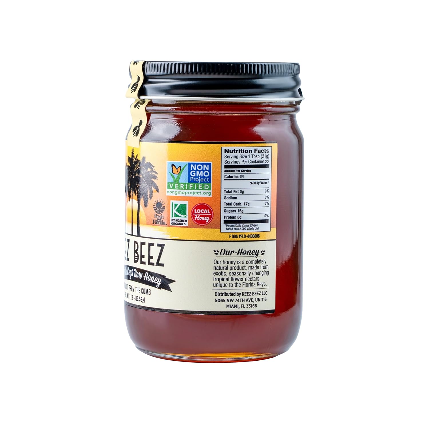 KEEZ BEEZ 100% Natural Raw Gold Honey – Seagrape 16 fl oz (1 lb) in Glass Jar – Organic, Non-GMO, Kosher Certified, Subtle Sweetness with a Hint of Spice, Ideal for Everyday Use