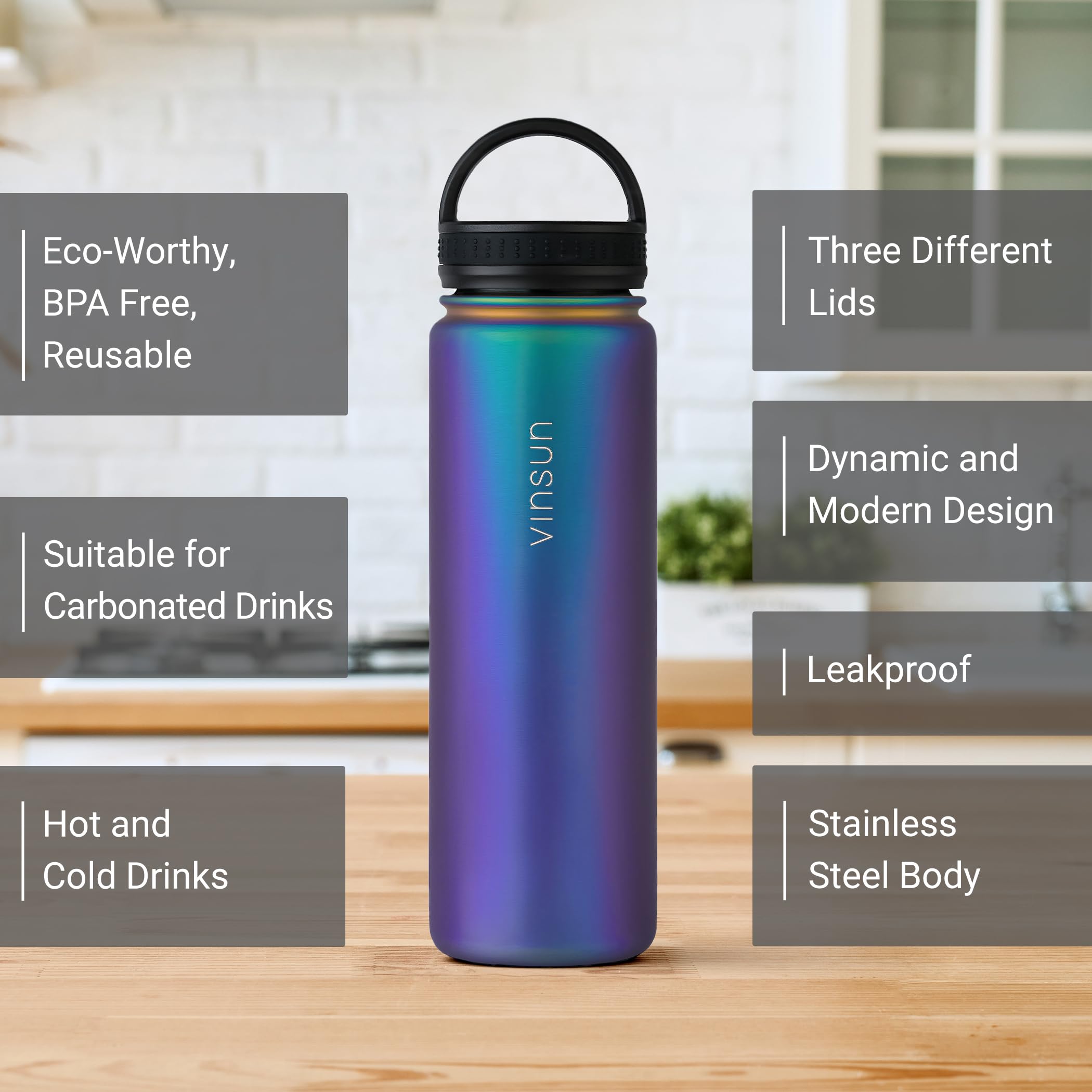 Vinsun Stainless Steel Water Bottle with Straw 750ml, 3 Lids, Leakproof, BPA Free, Lightweight - Image 2