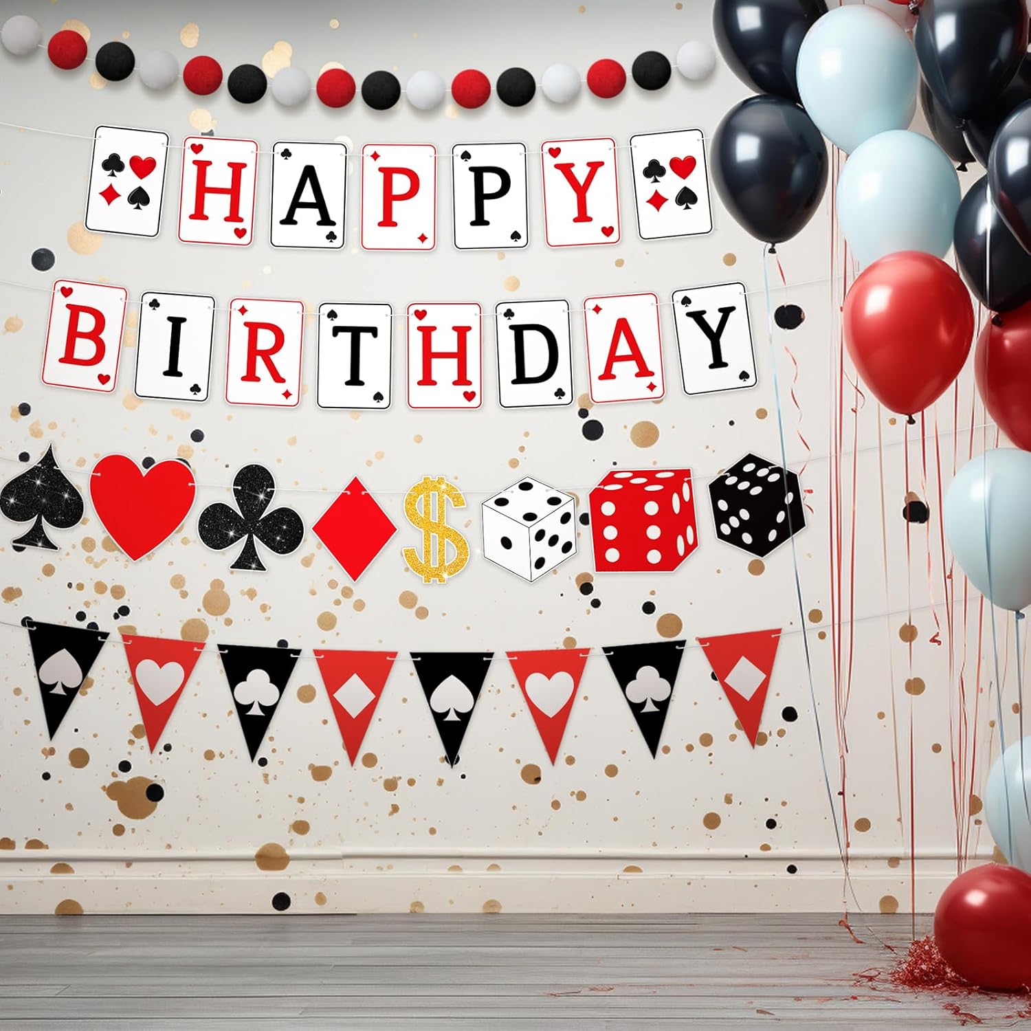 4 Pcs Casino Night Theme Party Decorations Birthday Banner with Felt Pom Pom Ball Garland Casino Night Poker Decorations for Poker Party Supplies - Image 7