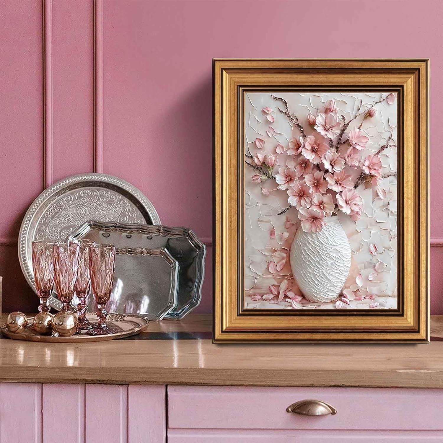 Gold Framed Pink Floral Canvas Wall Art 3D Texture Sakura Flower Botanical painting Decor Picture Cherry blossoms Poster Prints for Living Room Classroom Bedroom office corridor bathroom Decoration