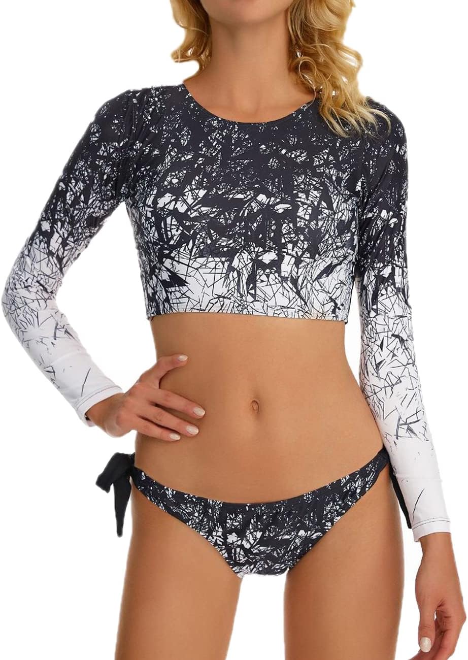 JadeRich Women's Fashion Pattern Long Sleeve Tankini Sets UPF 50+ Rash Guard Swimsuit Sun Block Swimwear