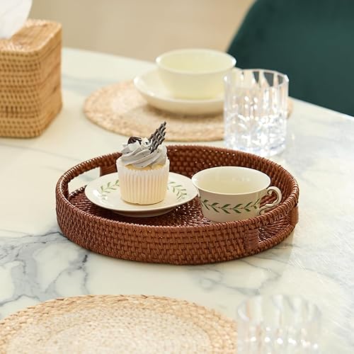 Miniatura 10 de Bandeja redonda de ratán de 11.8 pulgadas, bandeja otomana, bandeja tejida con asas recortadas, cesta de mimbre para servir, cal