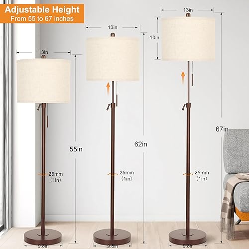 Miniatura 2 de Lámpara de pie de metal marrón para sala de estar, lámpara de pie de altura ajustable, luz de poste para dormitorio, con pantalla de lino y base de