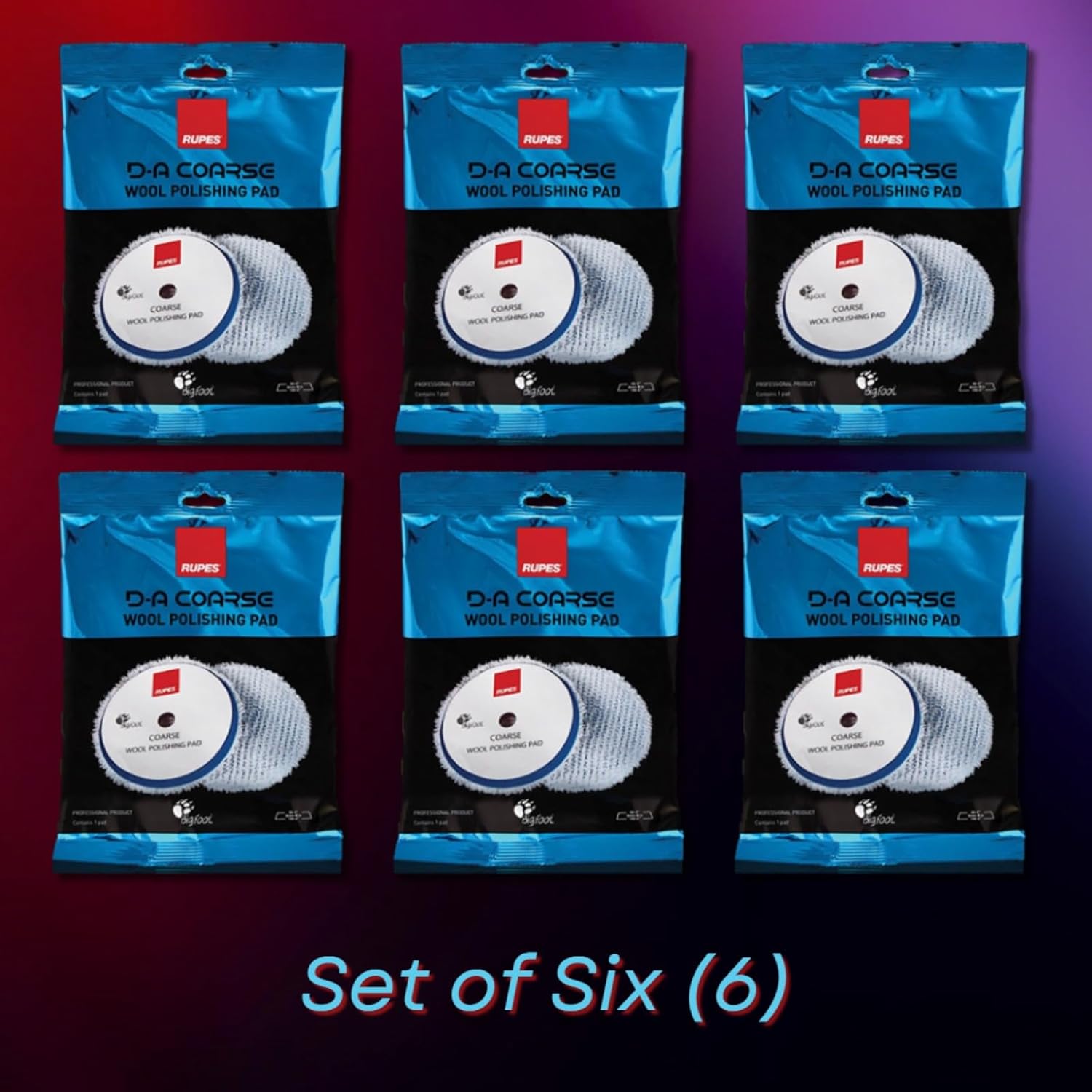 RUPES 9.BW180H Set of Six (6) Blue Medium Wool 7” Orbital Polishing Pads fits RUPES Polishers LHR21 & LK900E - Uniform Performance - Perfect for Tackling Severe Paint Defects - Dual Density Wool