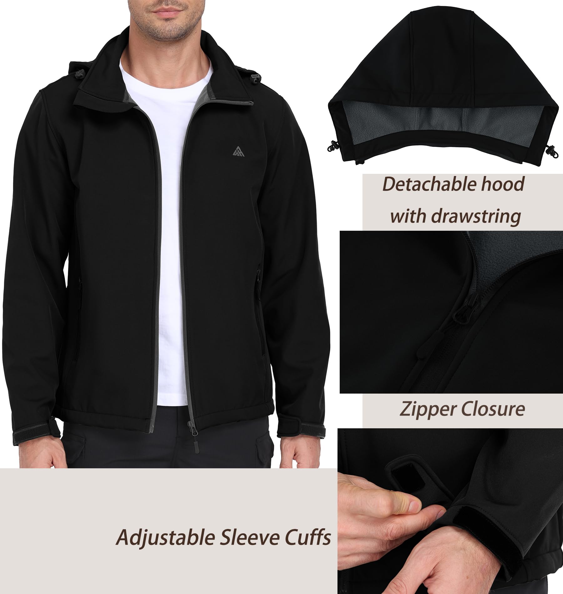 ZITY Veste de Randonnée Homme Polaires Veste Softshell Blousons Chaude à Capuche Hiver Manteaux Imperméables avec Poches pour Camping Pêche