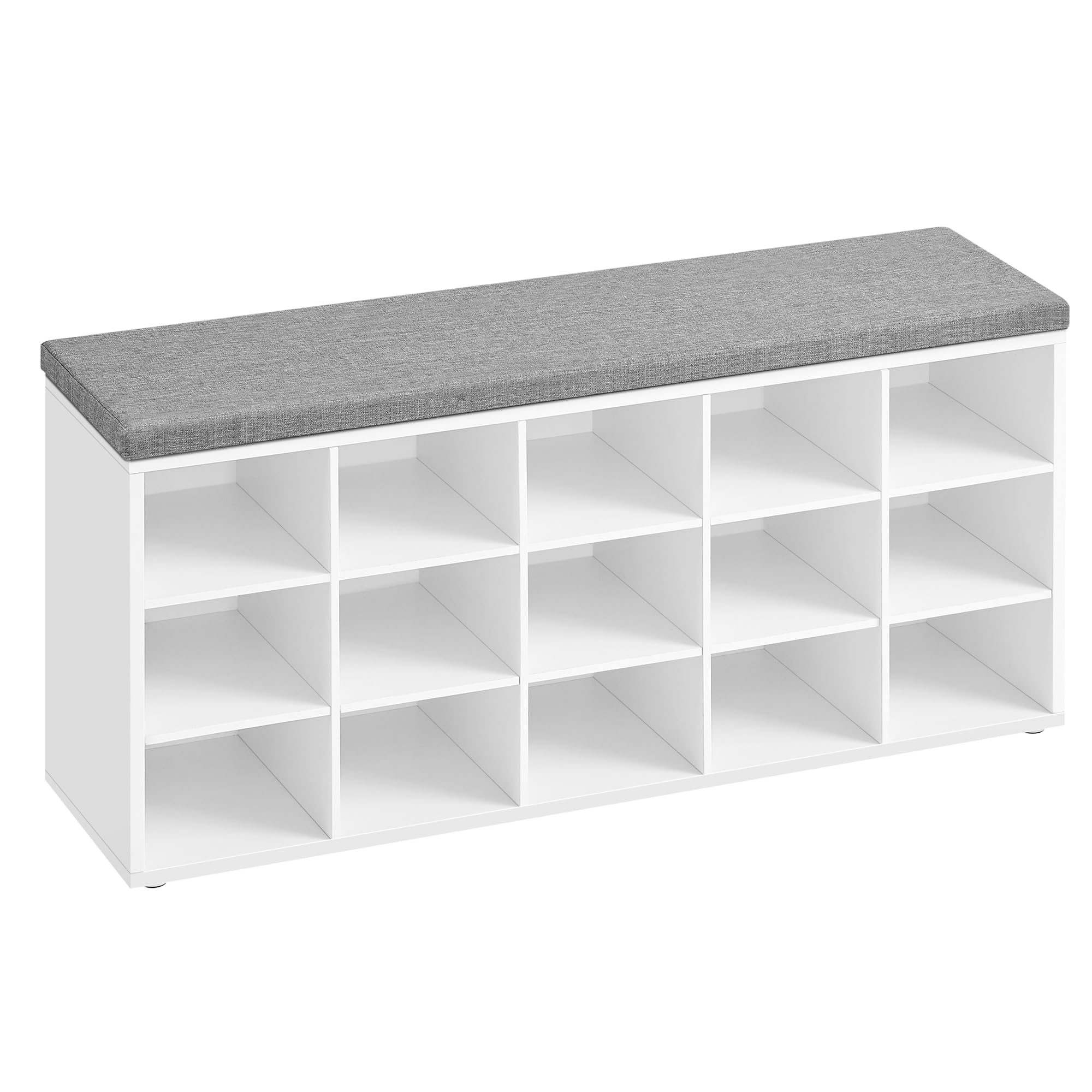 VASAGLE CUSTOS Collection - Banc à Chaussures, Organiseur de Chaussures avec 15 Compartiments, Siège Rembourré, pour Entrée, Couloir, Placard, Blanc Nuage et Gris Tourterelle LHS015WB02