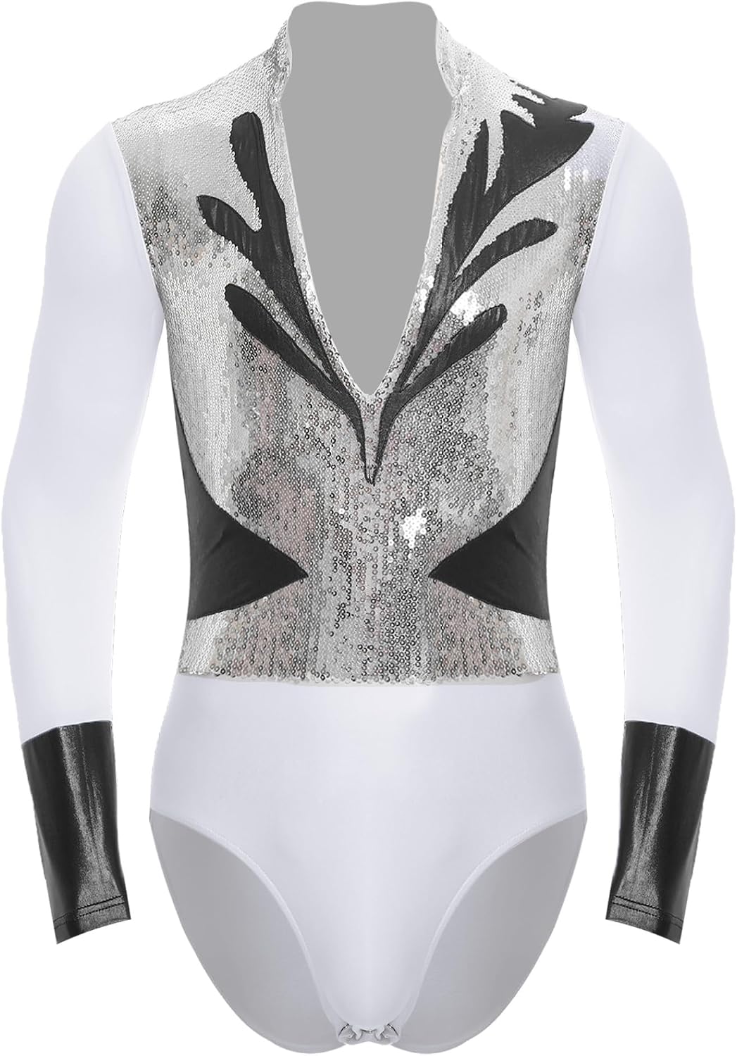 Men's Sequin Metallic Patchwork Bodysuit Latin Jazz Dance Leotard Gymnastics Figure Skating Jumpsuit