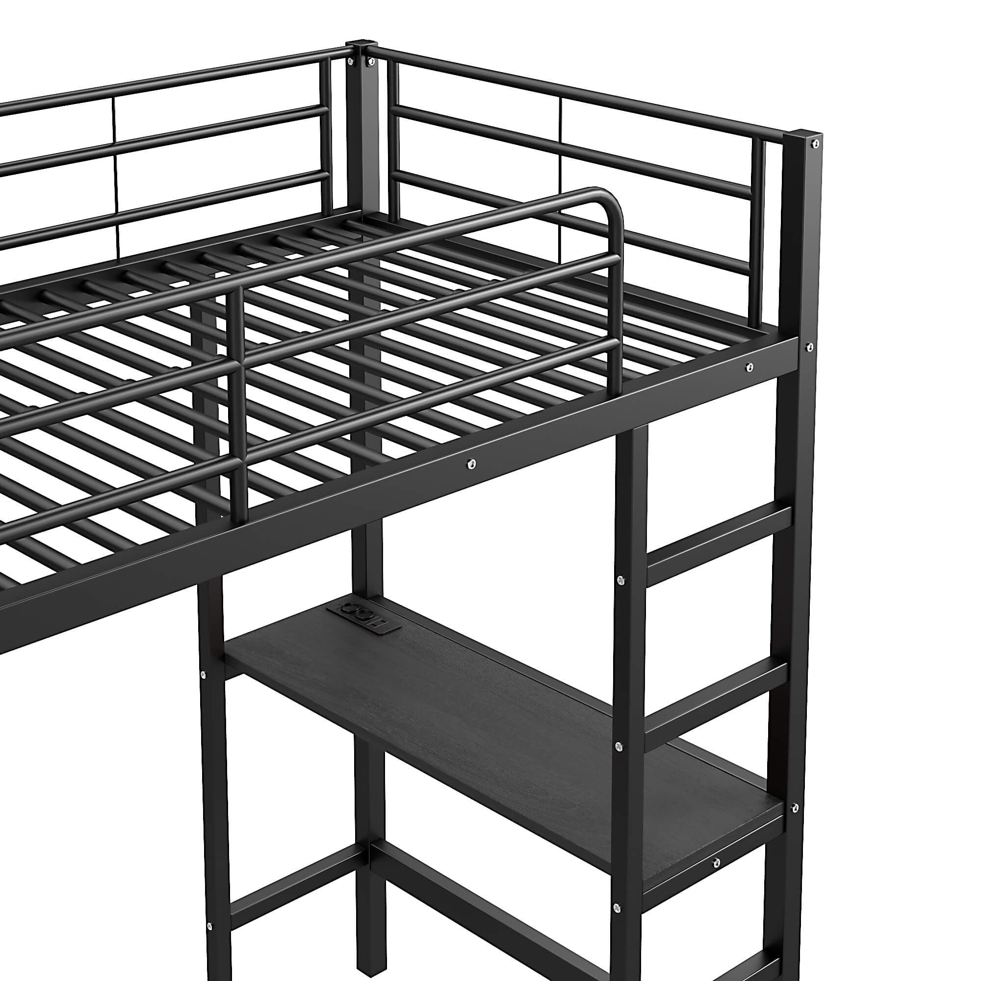Metalowe łóżko na poddaszu 90 x 200 cm z biurkiem i miejscem do przechowywania, łóżko piętrowe z szafą do przechowywania i stelażem, rama łóżka zabezpieczona przed upadkiem, łóżkiem dziecięcym