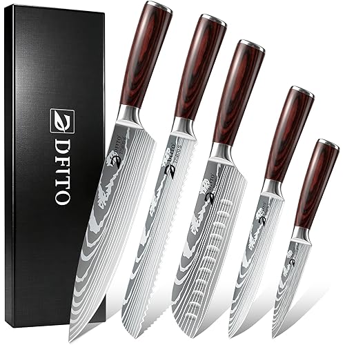 Dfito Kitchen Knife Set, 5 Pieces High Carbon Stainless Steel Chef Knife Set with Red Pakkawood Handle, Ultra Sharp Professional Kitchen Knives for Home Cooking Lovers, Dishwasher Safe, Chef Gifts