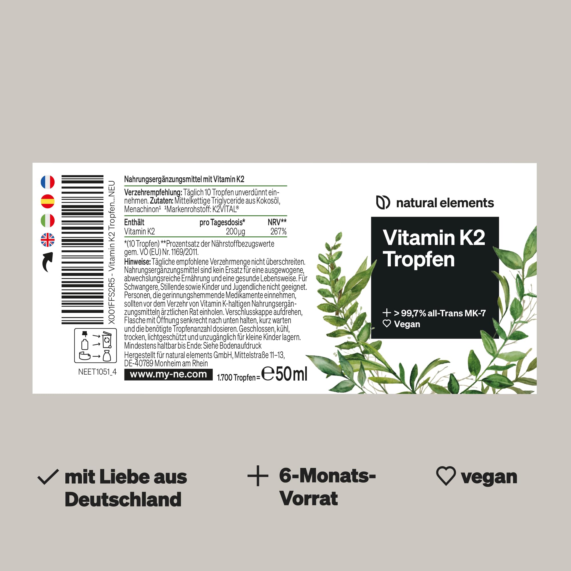 natural elements Vitamin K2 MK-7 200µg – 50 ml – all-Trans Gehalt >99,7% – laborgeprüft, vegan, hochdosiert & in Deutschland produziert