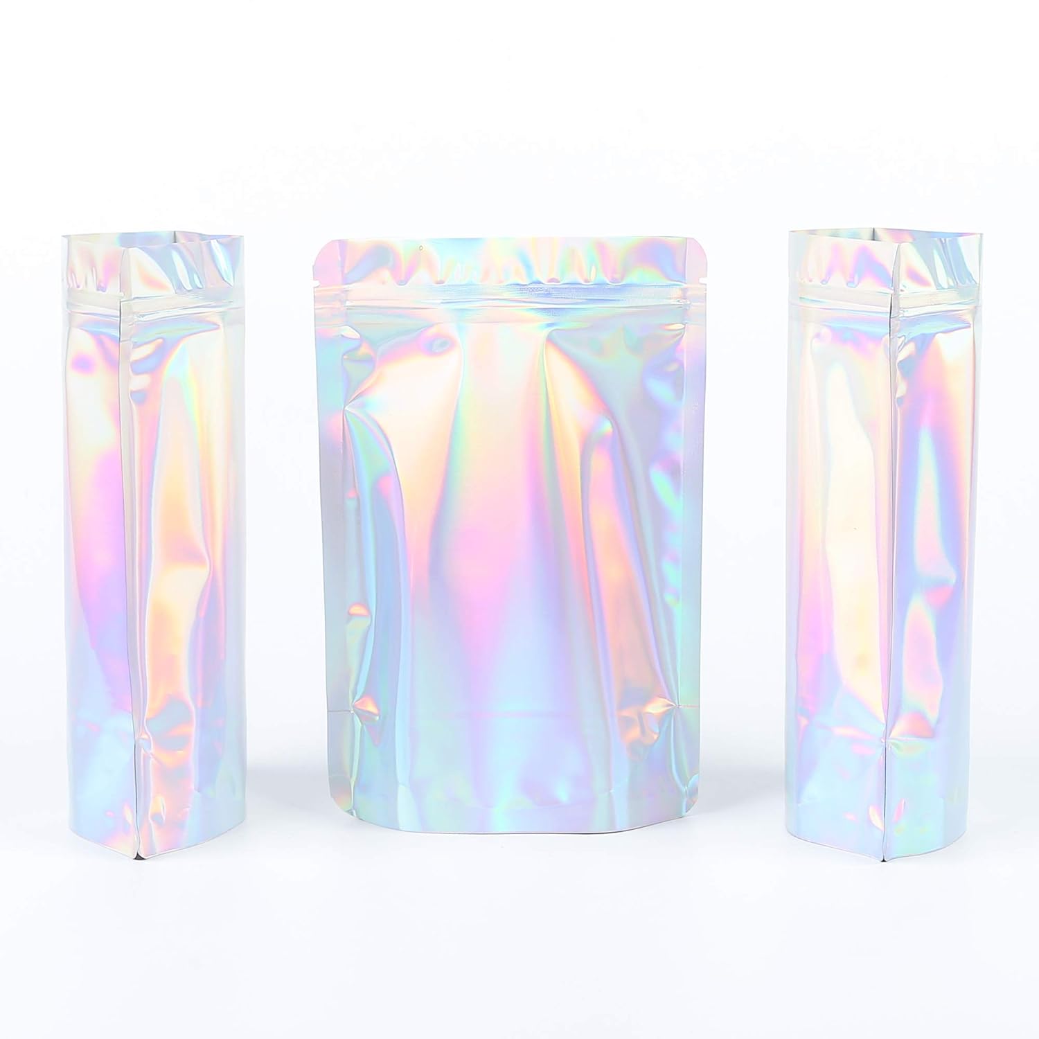 QQ Studio 100 Double-Sided Rainbow Holographic Stand Up Resealable Packaging Bags for Beauty Supplies and Makeup (16x24cm (6.3x9.4), Silver Holographic)