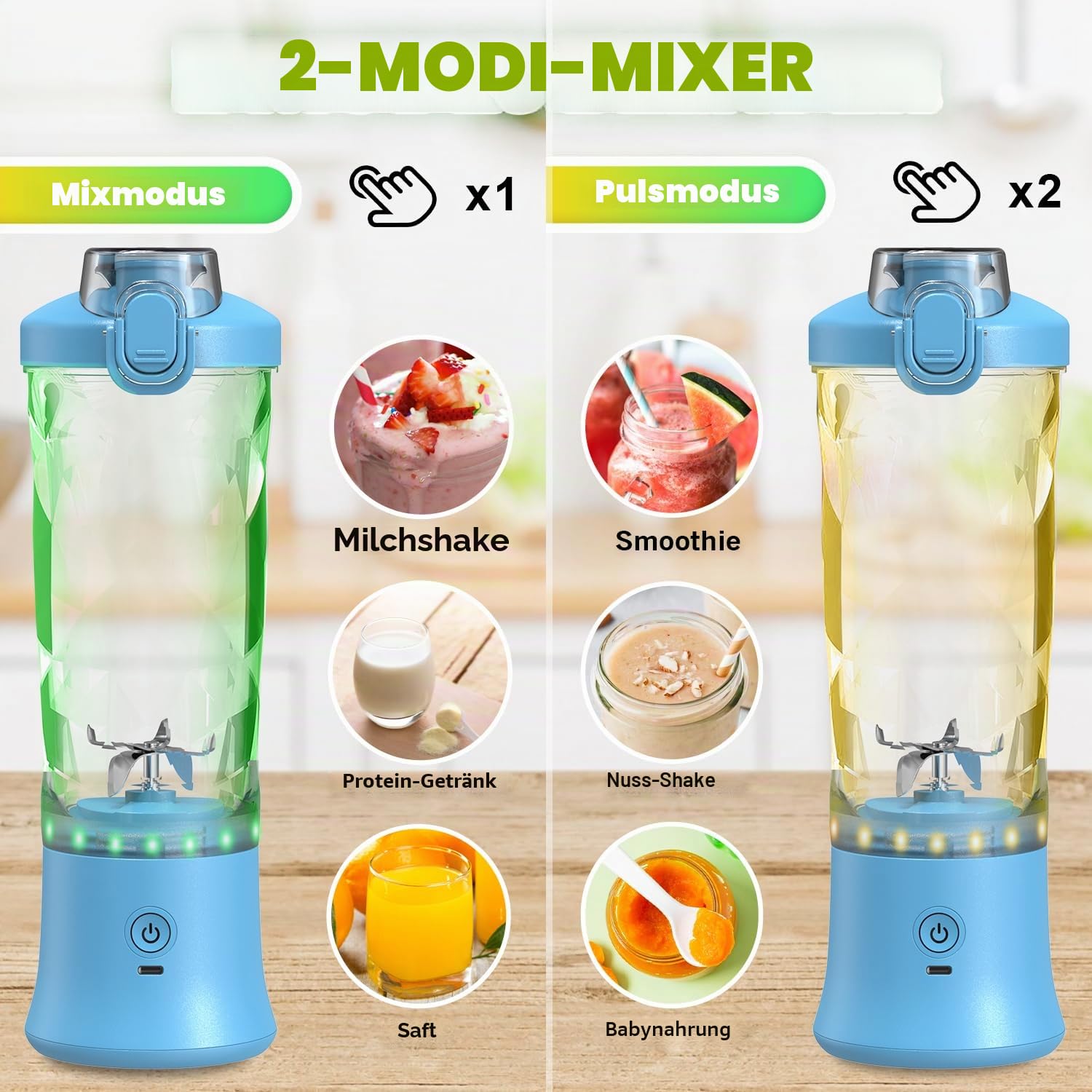 Tragbarer Mixer Smoothie Maker - 600ml Mini Standmixer to Go - 6 Klingen, Reisedeckel und Isolierte Hülle - USB Wiederaufladbar Blender Protein Shaker Bottle für Küche, Reise, Büro, Fitness, Camper