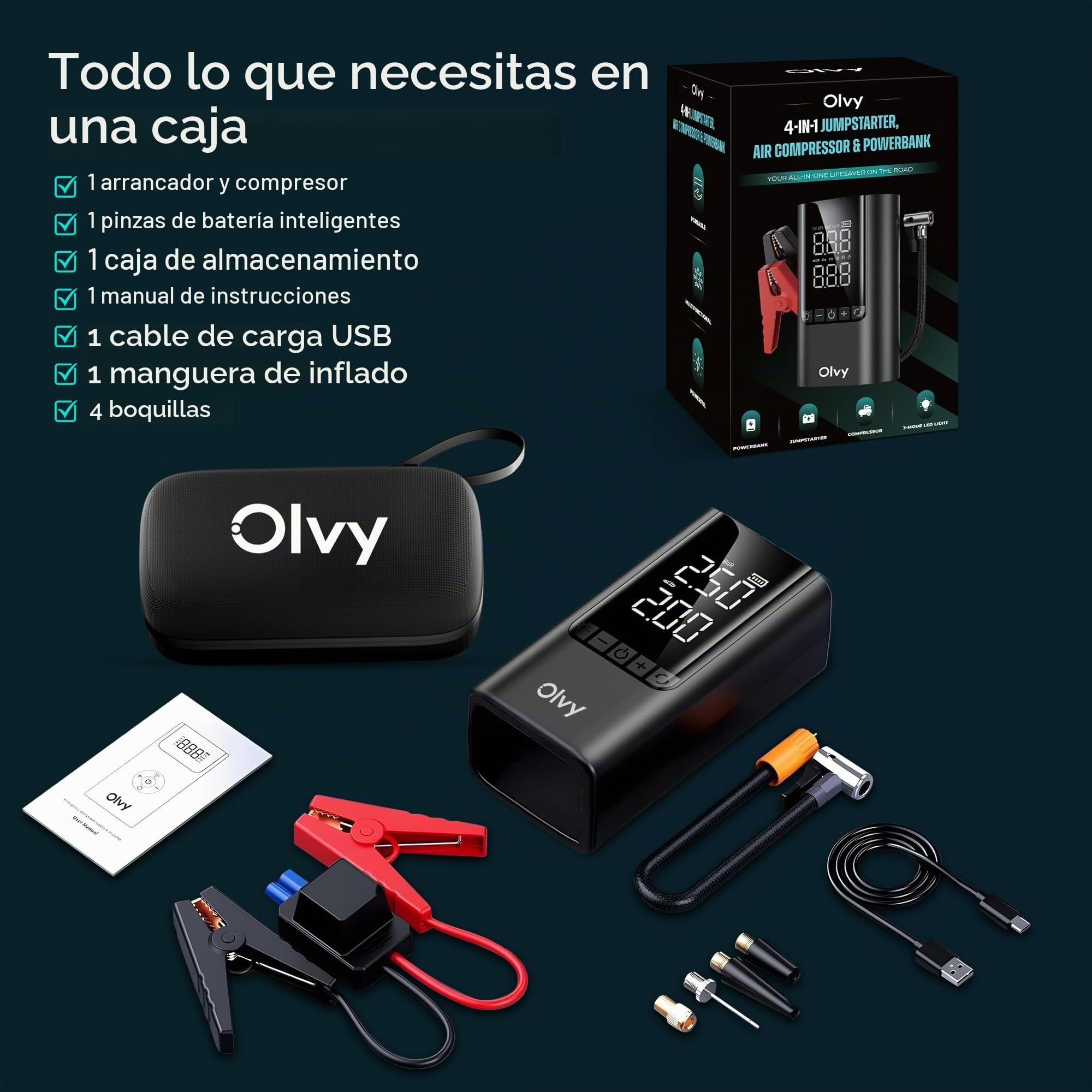 Arrancador portátil Olvy 4 en 1 con compresor de Aire, 1500 A de Potencia máxima, batería Externa de 12 000 mAh, protección Inteligente, luz LED, Pantalla Digital, Compacto para vehículos de Gasolina