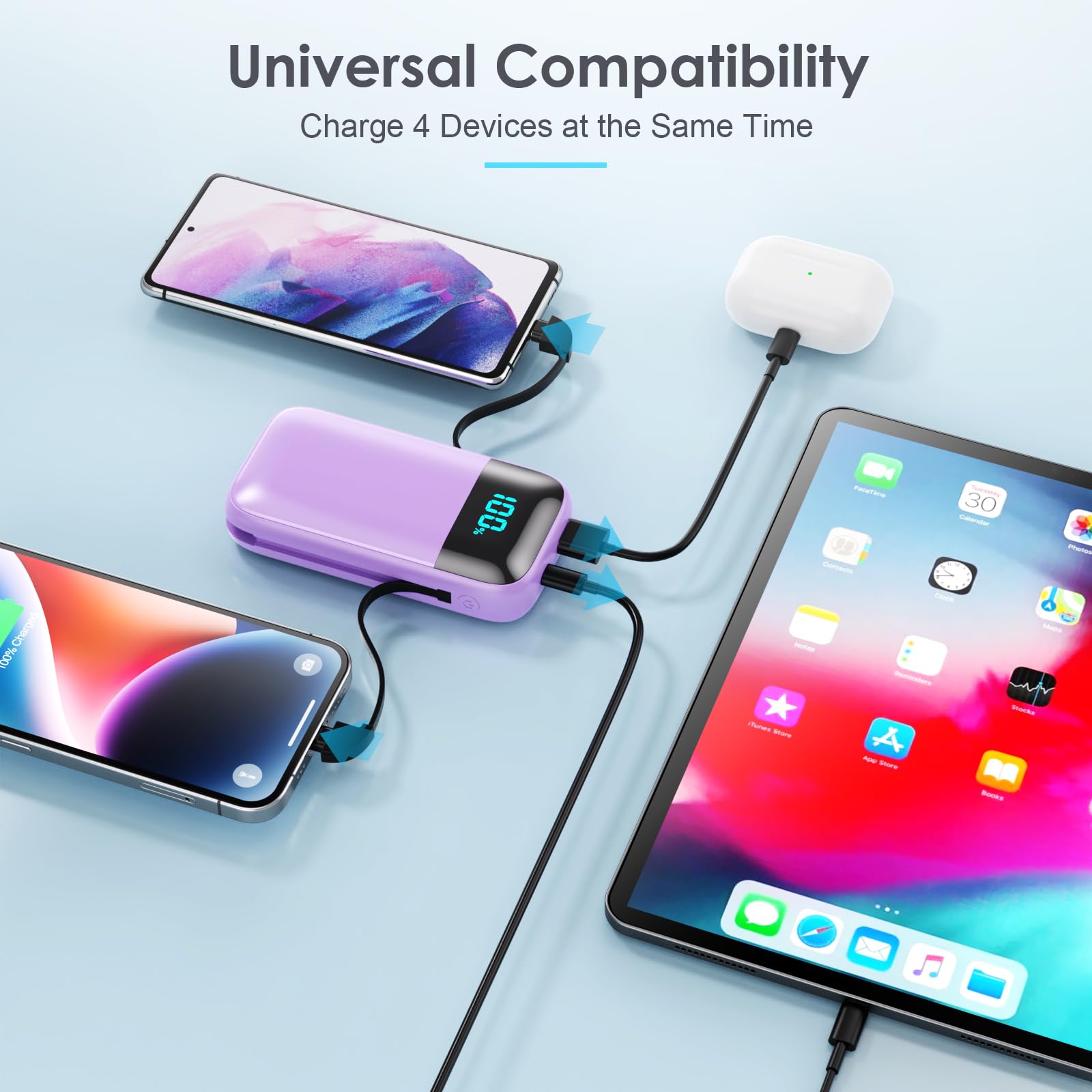 Portable Charger with Built in Cables,Ultra-Compact 13800mAh PD Fast Charging USB C Power Bank,4 Output LCD Display Battery Pack Compatible with iPhone 15/14/13/12,Android Samsung Galaxy Nexus,Purple