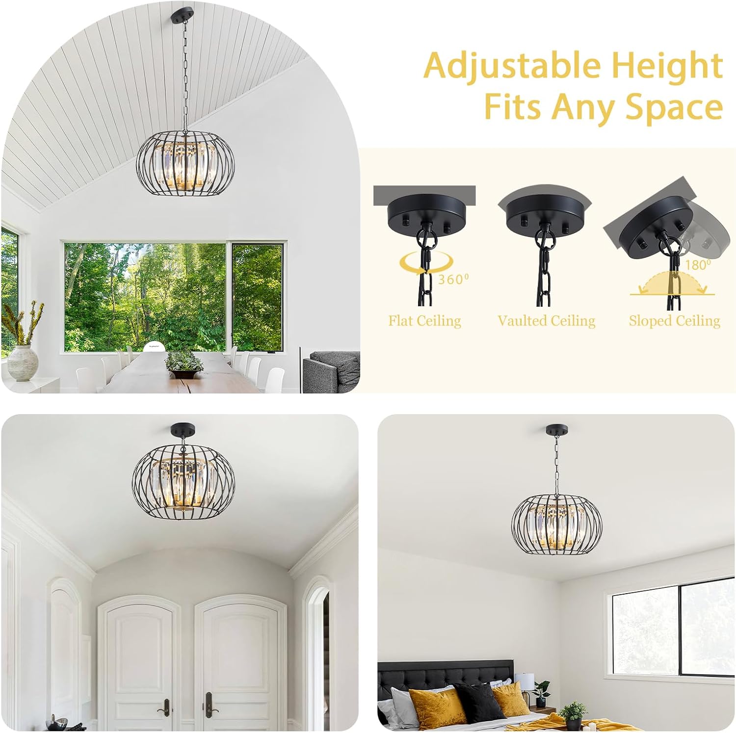 Black Gold Crystal Chandeliers 17.7" Modern 4-Light Cage Pendant Lighting Fixture Adjustable Farmhouse Round Chandeliers for Dining Room Bedroom Kitchen Island Hallway Foyer
