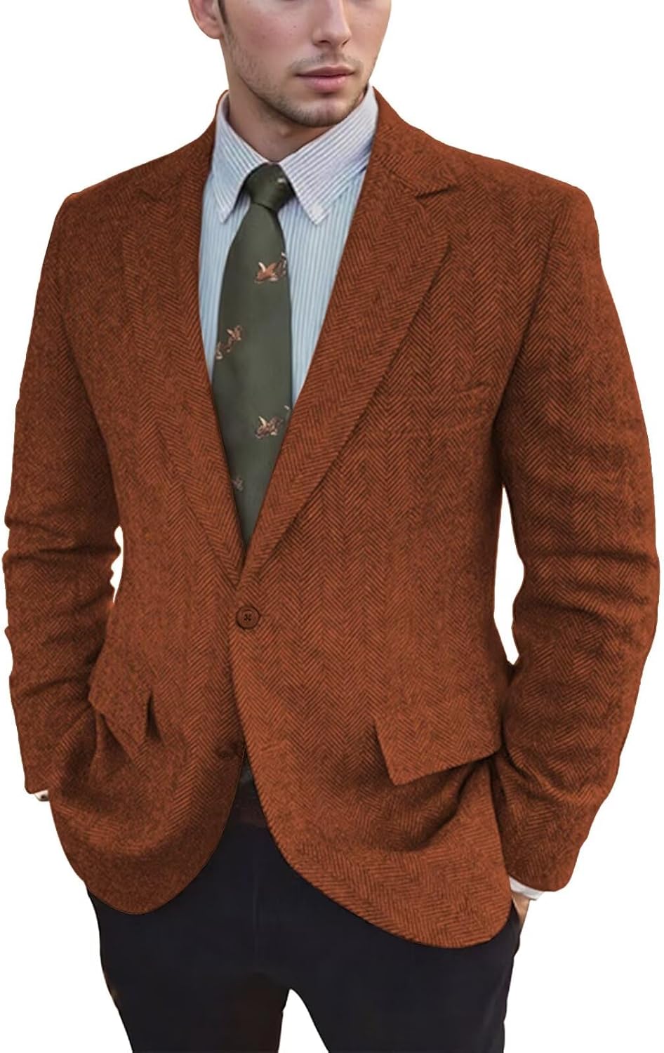 Vintage Mens Tweed Blazer Retro Wool Blend Suit Jackets Herringbone Two Button Sport Coat Prom Business Casual Wedding