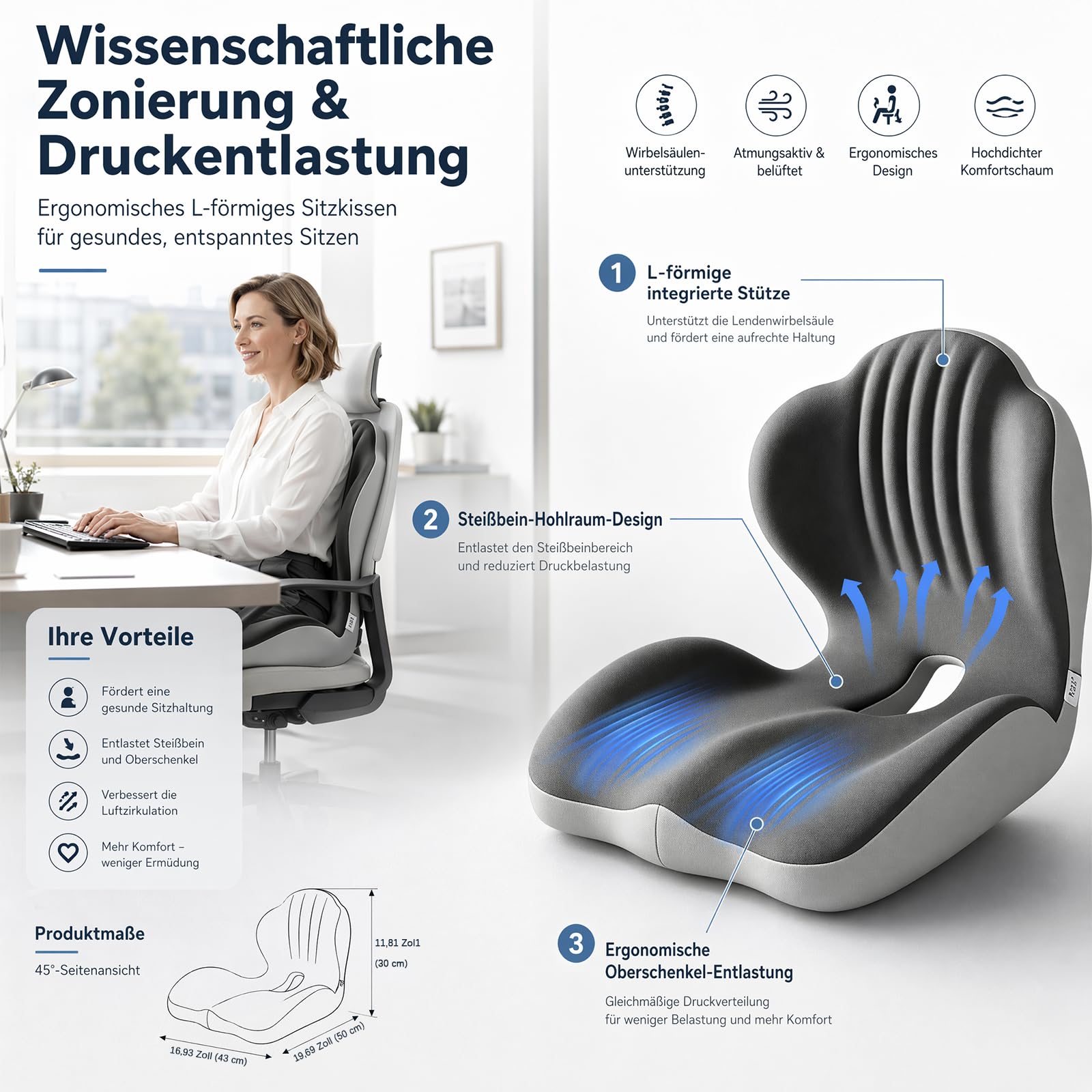 Jadyon Coussin Ergonomique Assise, Coussin Coccyx, Coussin Chaise Bureau | Coussin Siege Voiture avec Soutien Lombaire et Ouverture Aérée pour Chaise Bureau, Siège de Voiture, Tilisation à La Maison