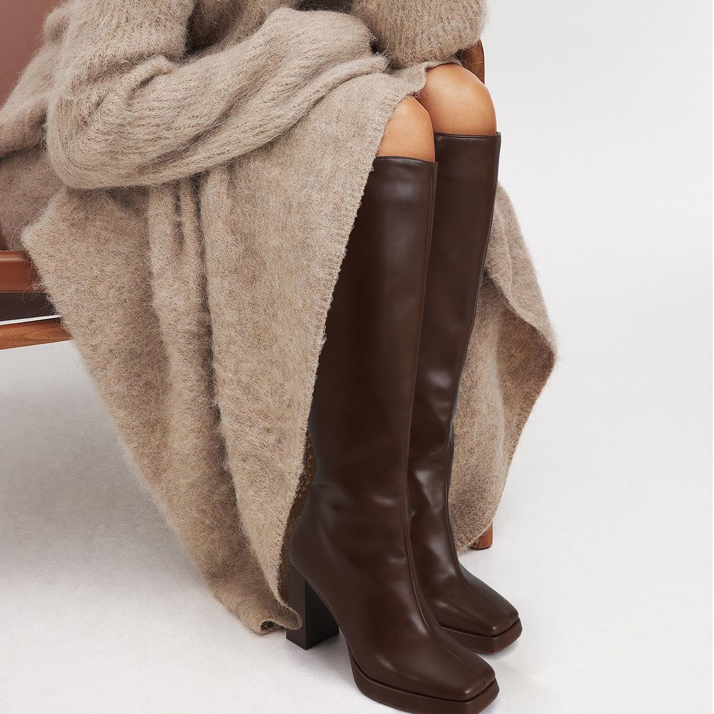 Dsevht Black Leather Knee High Boots for Women Platform Chunky Block Heeled Tall Long Boots Square Toe and Side Zipper Design Fashion Dress 70s Gogo Boot