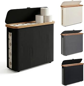 SENMOK 12-Roll Toilet Paper Storage Basket with Lid, Bamboo Frame, Black