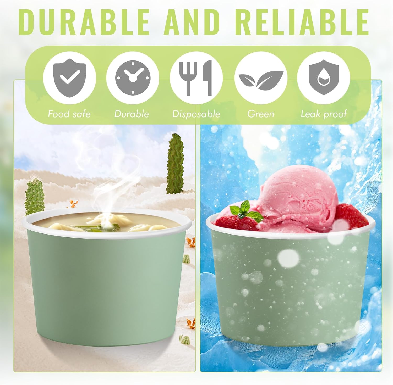 Jingmore Paper Ice Cream Cups 9oz Colored Disposable Dessert Bowls for Hot or Cold Party Food Cups for Birthday Baby Shower Easter Party Supplies(Sage Green,180 Pcs)